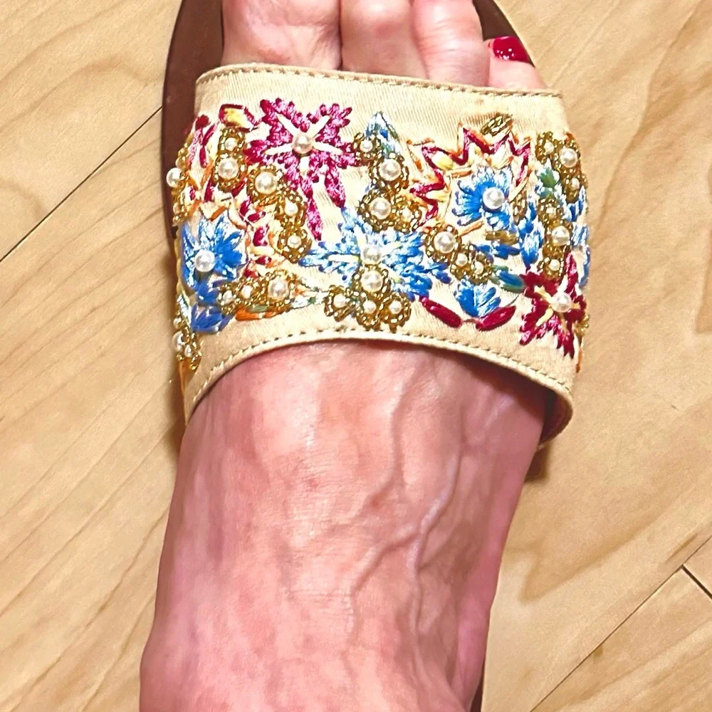 Haute Hippie Floral Embroidered Sandals - Blue and Pink on Beige - Picture 2 of 10
